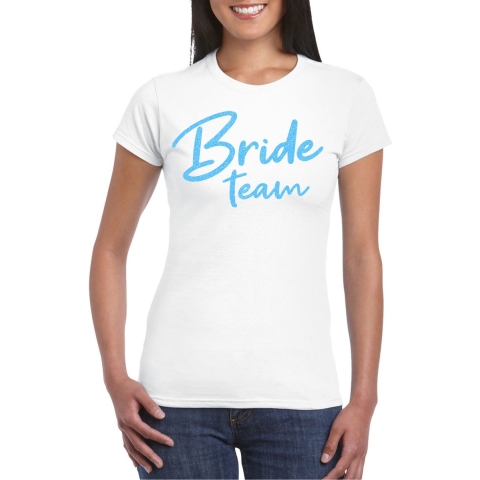 Vrijgezellenfeest T-shirt voor dames - Bride Team - wit - glitter blauw - bruiloft/trouwen XL -