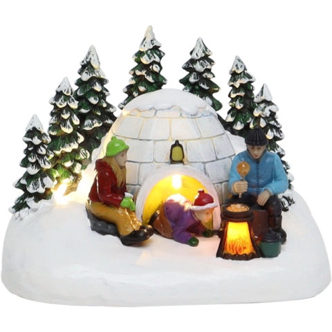 Family with Iglo Preparing Meal with LED Polyresin 15cm Santaville - Santaville