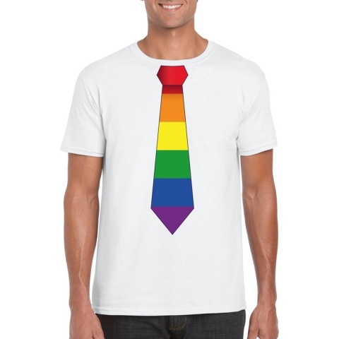 Wit t-shirt met regenboog vlag stropdas heren XL -