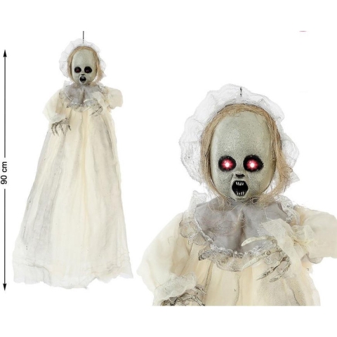 Horror hangdecoratie spook/geest pop wit - met lichtgevende ogen 90 cm -
