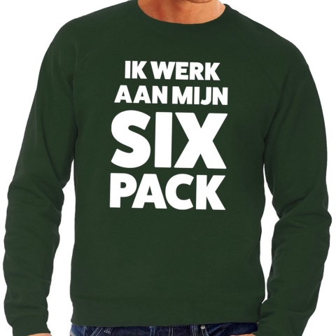 Ik werk aan mijn SIX Pack tekst sweater groen voor heren M -