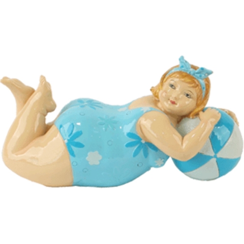 Beeld dikke dame - blauw/wit - polystone - 20 cm - decoratie beeldje -