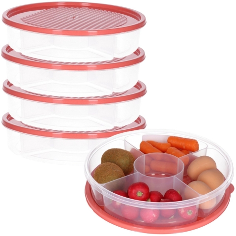 Vershoudbakje/bewaarbakje - 4x - luchtdicht - 5 vakjes - koraalrood - kunststof - 2 liter -