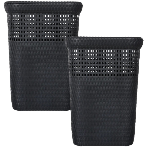 Wasmand met deksel Rotan - 2x - antraciet - gevlochten kunststof - 60 liter - 42 x 33 x 57 cm -