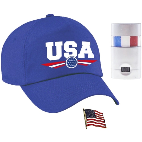 Amerika USA supporters setje - baseballcap blauw - vlag kleur schminkstift - broche - volwassenen -