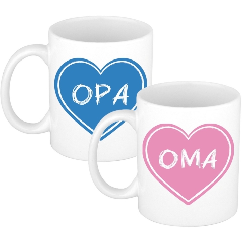 Liefste opa / oma verjaardag cadeau koffiemokken - blauw/roze - 300 ml - vaderdag / moederdag -
