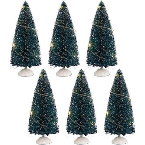 Kerstdorp mini kerstboompjes - 6x st - 15 cm - verlicht - 20 witte LED lampjes -