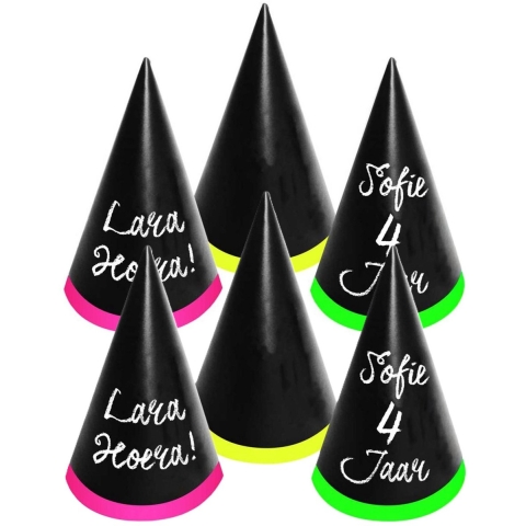 Neon party feesthoedjes - 24x - beschrijfbaar met krijtjes - krijtbord hoedjes - personaliseerbaar -