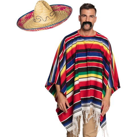 Carnaval verkleed set - Mexicaanse poncho sombrero hoed en plaksnor - gekleurd - heren -