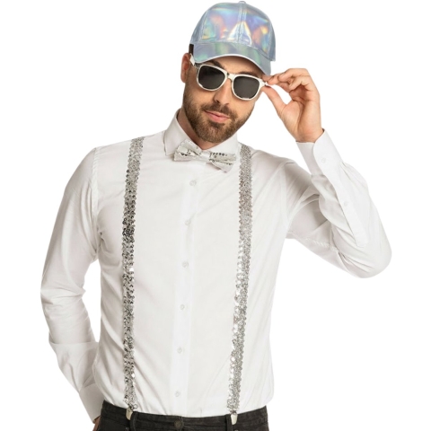 Disco/thema verkleed set - Disco pet/bretels/party bril/vlinderstrik - glitter zilver - volwassenen -