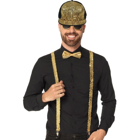 Rapper/gangster Verkleedset - bretels/bril/strik en cap - goud - 70's/80's - themafeest -