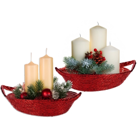 Krist+ Kerst mandje - 2x - kerststukje maken - metallic rood - 26 x 22 x 8 cm - zeegras -