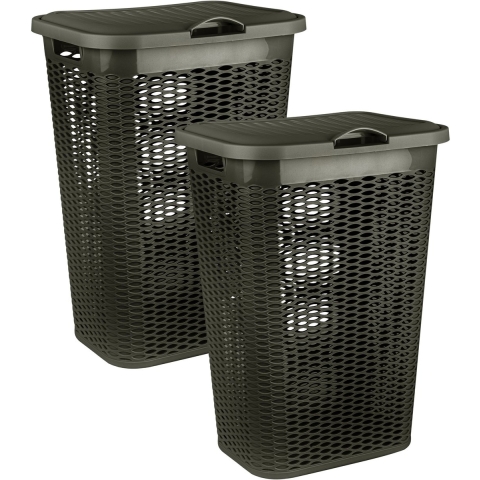 Wasmand Ventilation - 2x - met deksel - bruin - kunststof - 51 liter - 43 x 35 x 61 cm -