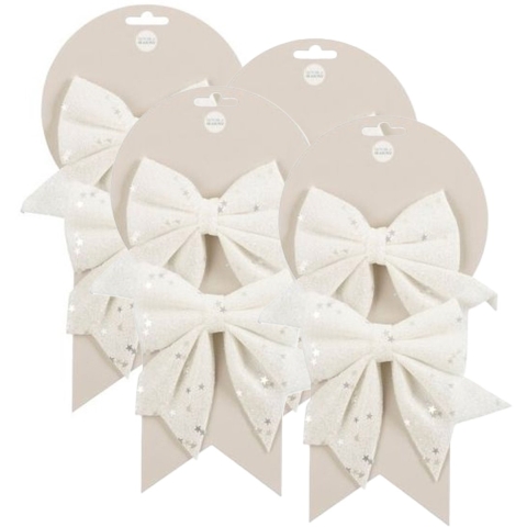 Kerst ornamenten strikken - 8x st - wit met glitter - 12 x 13 cm - kerstboomstrikjes -