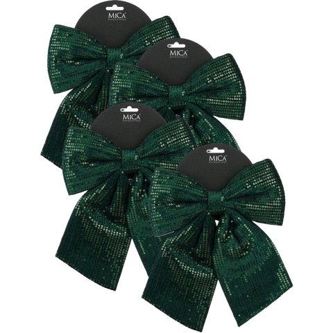Kerst strik ornament - 4x - groen - 24 x 28 cm - polyester pailletten - kerststrik - kerstversiering -