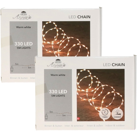 Draadverlichting lichtsnoer - 2x - 330 leds - warm wit - zilver draad - 500 cm - lichtdraad -