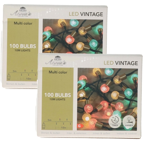 Lichtsnoer - 2x - vintage bolletjes - 100 led lampjes - groen/rood/wit - 10 m -sfeerverlichting -
