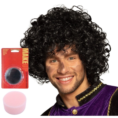 Pieten pruik zwarte krullen - met zwarte schmink setje - met spons - gezicht - 16 ml - volwassenen -