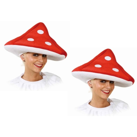 Carnaval verkleed hoed - 2x - Paddenstoel - Rood - foute party/kabouter thema -