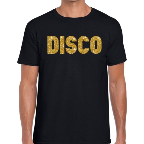 Verkleed T-shirt voor heren - disco - zwart - gouden glitter - jaren 70/80 - carnaval/themafeest S -