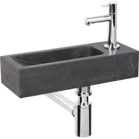 Differnz Luxor Fonteinset - Wasbak Natuursteen - Zwart - Gebogen Kraan - Chroom - Standaard Greep - 38 x 14 x 8 cm