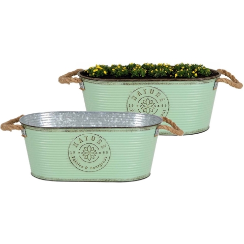 Plantenpot/bloempot teil voor buiten - 2x - zink - jadegroen - L35 x D19 x H14 cm -