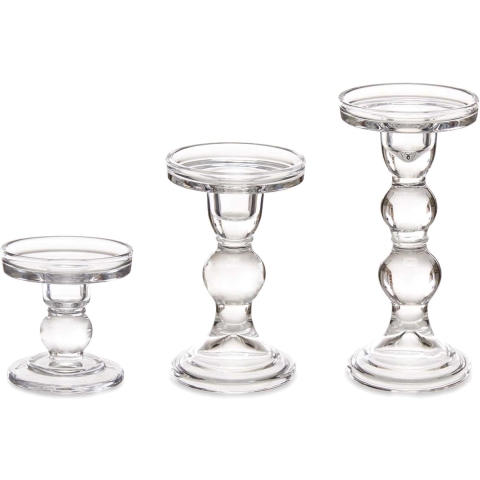 Kaarsen kandelaar set van decoratief glas - voor stompkaarsen - 18/ 14/ 9cm in hoogte -
