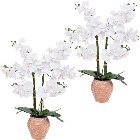 Orchidee bloemen kunstplant in sierlijke terracotta bloempot - 2x - witte bloemen - H65 cm -