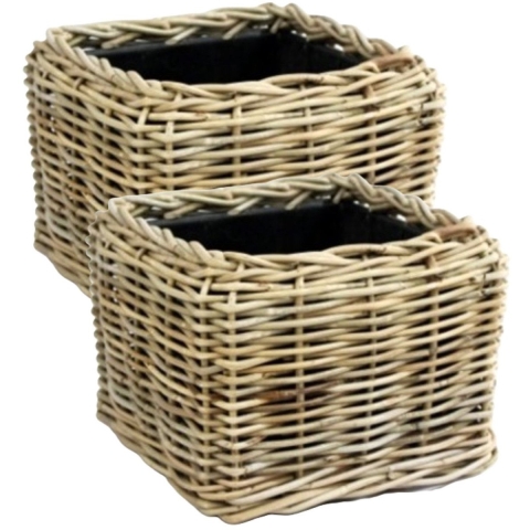 Planten/bloemen mand - 2x - vierkant - rotan - gevlochten riet - 31 x 31 x 24 cm - drypot -