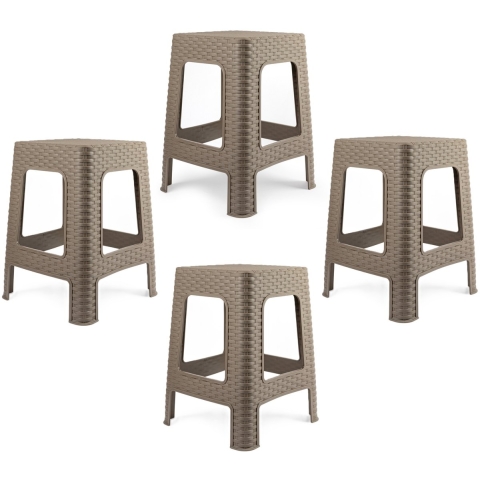 Zit krukjes - 4x - taupe - rotan kunststof - 37 x 37 x 46 cm - extra zitplaatsen -