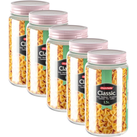 Plasticforte voedsel voorraadpot - 5x - weckpotten - roze - 1500 ml - kunststof - met draai deksel -