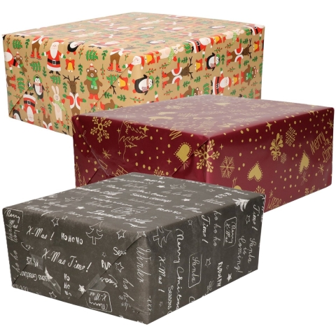 Luxe Kerst cadeaupapier pakket - 3 prints mix - 12x rollen - 250 x 70 cm - cadeaupapier -