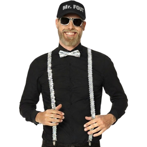 Carnaval verkleed set - Mr. fout pet/bretels/party bril/vlinderstrik - glitter zilver - volwassenen -