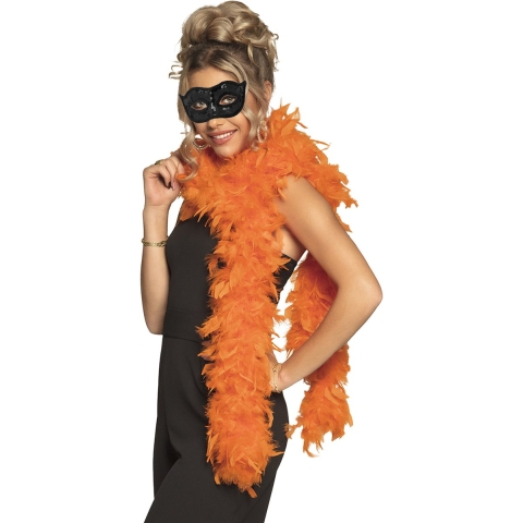 Venetiaans oogmasker in het zwart - Met dikke veren Boa in het oranje - 180 cm - Dames -