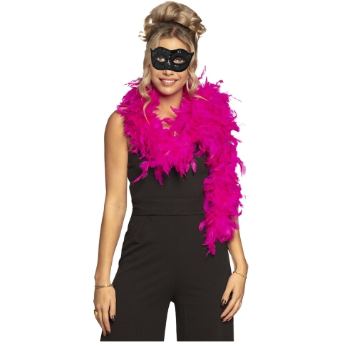 Venetiaans oogmasker in het zwart - Met dikke veren Boa in het fuchsia roze - 180 cm - Dames -