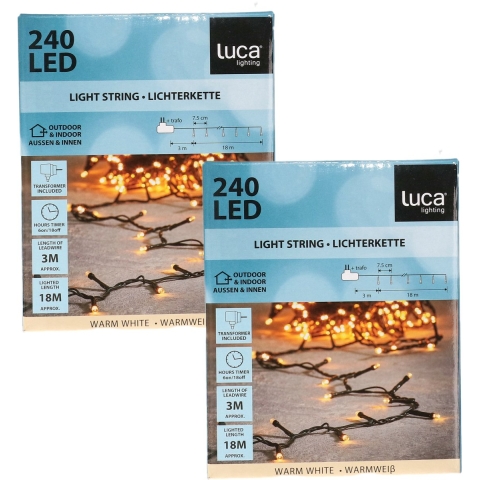 Luca Lighting Kerstverlichting lichtsnoer - 2x - 240 led lampjes - warm wit - 18 meter -
