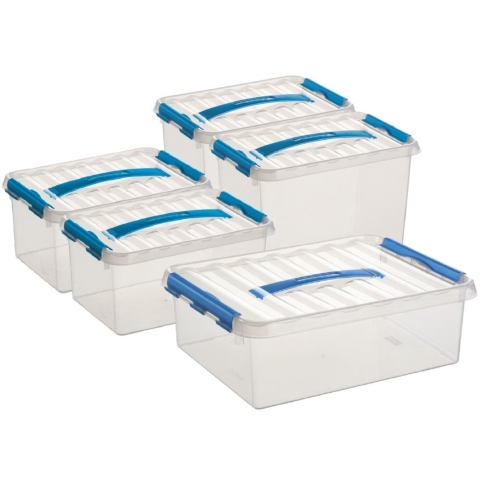 Sunware Q-Line opberg boxen set 5x stuks - 3 maten - 6-9-12 liter - kunststof - transparant/blauw -