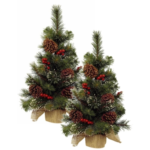 Everlands Ipswich mini kerstboom - 2x - H45 cm - met kerstversiering - kunstboom - klein kerstboompj -