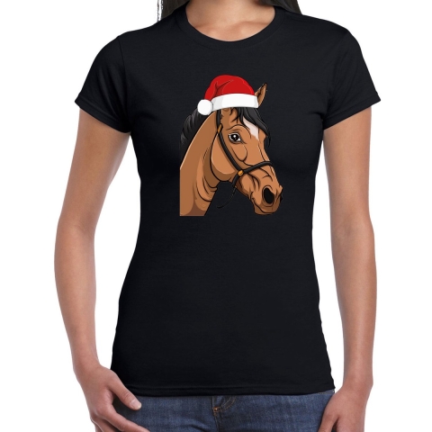 Kerst T-shirt voor dames - paard met kerstmuts - zwart - Kerstfeest M -