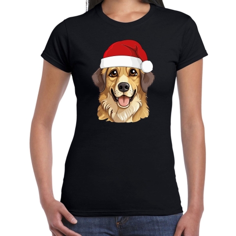 Kerst T-shirt voor dames - Golden Retriever met kerstmuts - zwart - Kerstfeest 2XL -