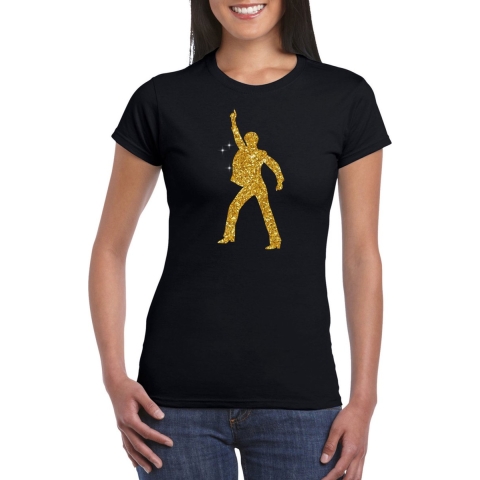 Disco verkleed t-shirt voor dames - zwart - gouden glitter - jaren 70/80 XS -