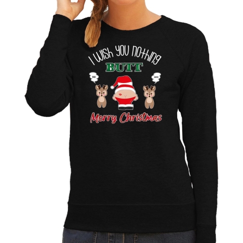 Foute Kersttrui/sweater voor dames - I Wish You Nothing Butt Merry Christmas - zwart - Kerstman S -