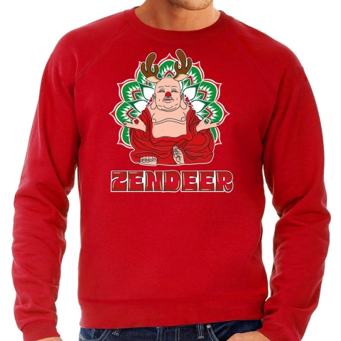 Foute Kersttrui/sweater voor heren - zendeer buddha - rood - rendier - boeddha - zen 2XL -