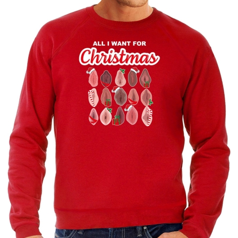Foute kersttrui/sweater voor heren - All I want for Christmas - vagina - rood 2XL -