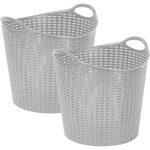Gevlochten wasmand/opbergmand - 2x - flexibel - zilver - 27 liter - rond - kunststof -