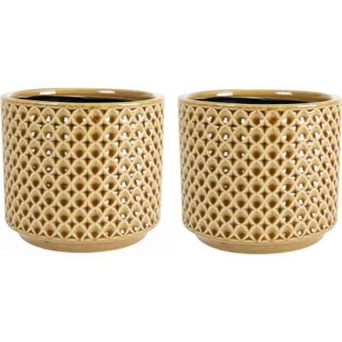 Plantenpot/bloempot Cairo - 2x - keramiek - mosterd geel - Oosters motief - D13 x H13 cm -