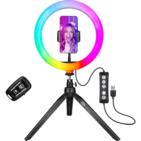 Studio ME - Multicolor Ringlamp - 10 inch/25 cm - RGB - Statief - Bluetooth - Afstandsbediening - USB