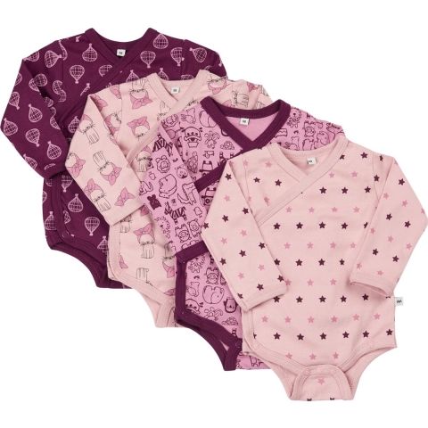 Pippi Baby Wikkel Rompers - 4-pack - Donkerpaars/Roze m. Print - Pippi Baby - 74 - Romper L/S