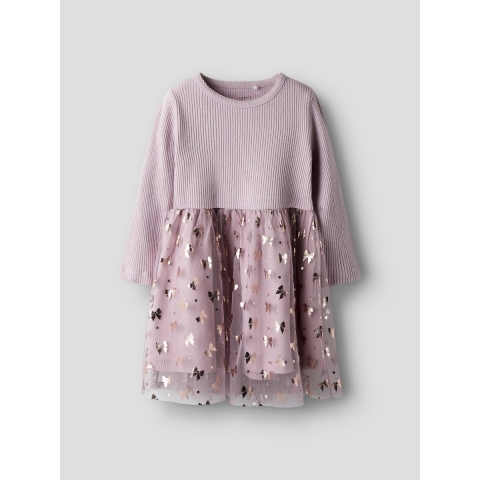Name It Jurk - Rib/Tyl - NmfRosally - Aandenken Lilac m. Print - Name It - 5 jaar (110) - Jurk