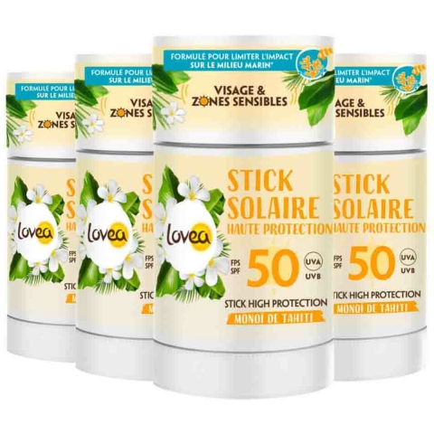 4x Lovea Sun Zonnebrand stick Face&Sensitive Areas High Protection SPF 50 40 gr